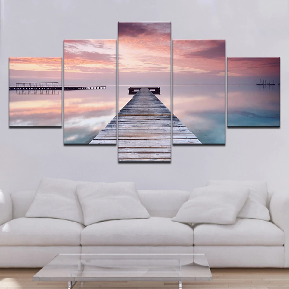 Картины на холсте для домашнего декора 5 шт. закат светящийся деревянный мост