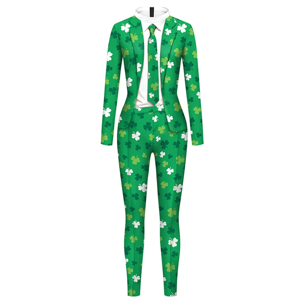 

Irish Festival Bodysuits Men/Women Long Sleeve Costumes Suit Four Leaf Clover Print St. Patrick‘s Day Jumpsuit