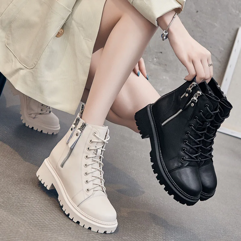 

Genuine Leather Boots Women Heels Platforms Martin Ankle Boots Female Designer Shoes Woman Booties Chunky Shoes for Women Nice