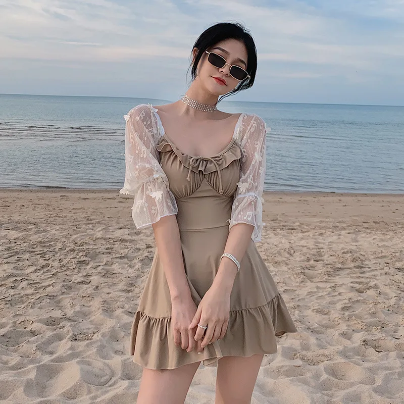 

Бикини 2021, популярный корейский купальный костюм, платье, женский модный сплошной купальник, женский купальник с рукавами, пляжный купальни...