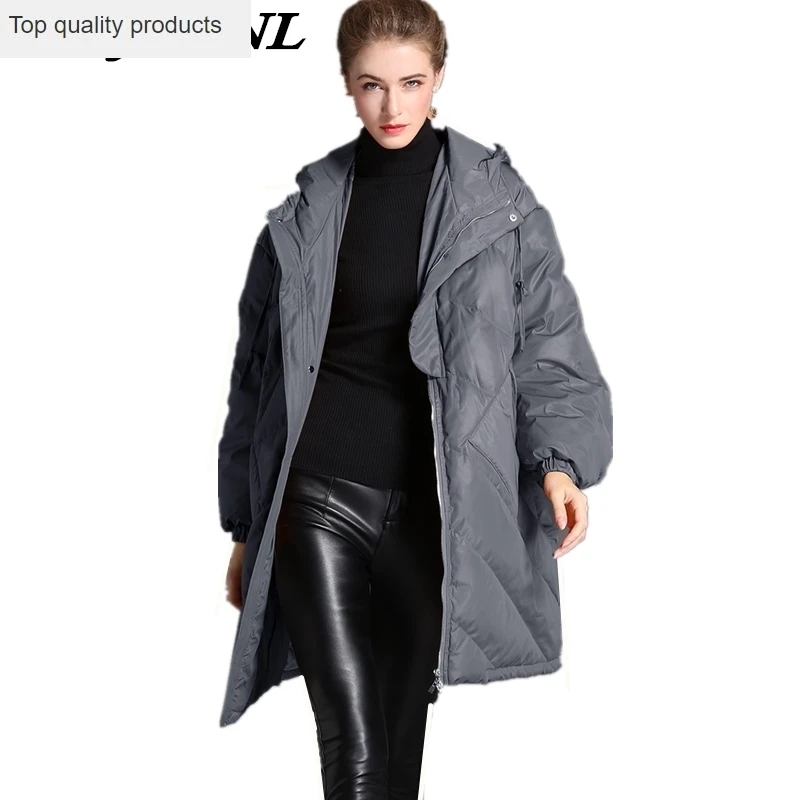 Новинка 2020 женский зимний пуховик свободный большой размер Одноцветный длинный