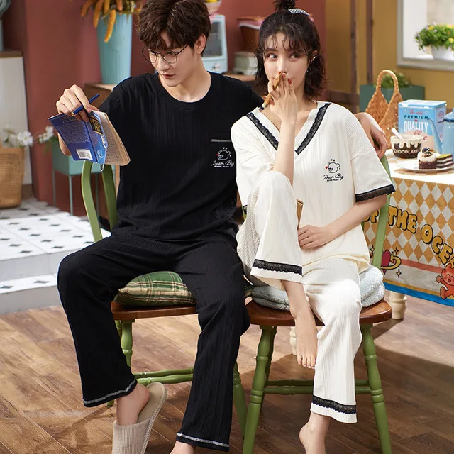 

Couple Pajamas Set Summer O-Neck Nightwear Women And Men Pajamas Plus Size Homewear Sexy Women Top Short Sleeve Cotton Sleepwear