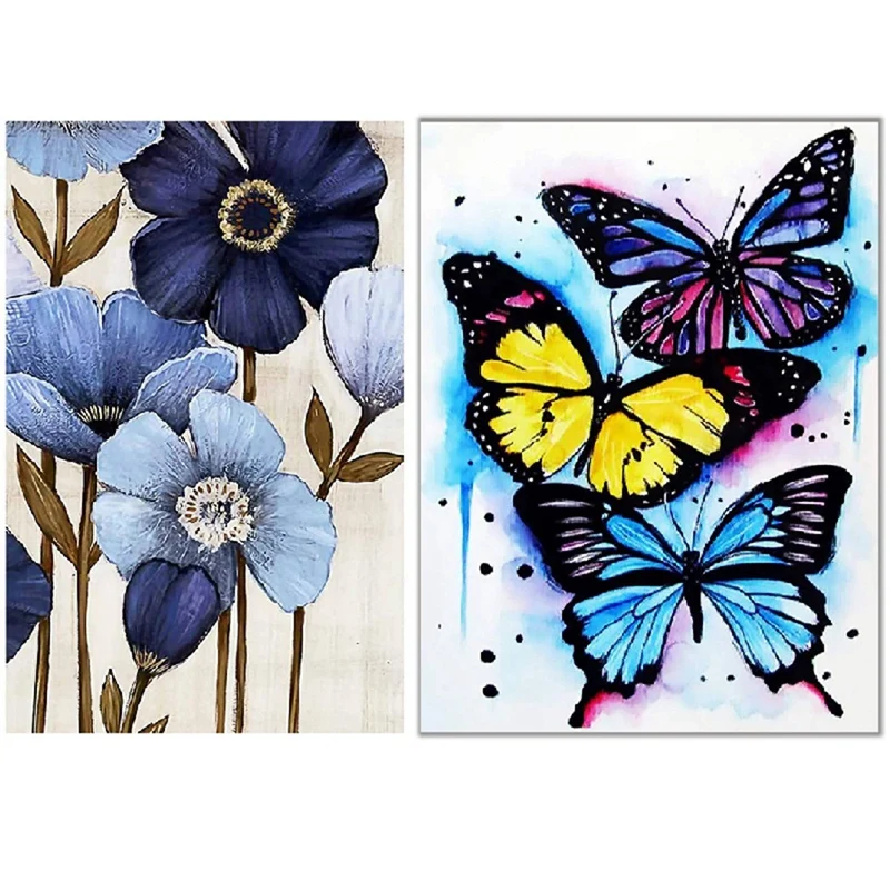 

2 Set Full Diamond Diamond Painting Set Living Room Dining Room Decoration, Butterfly Pattern & Abstract Blue Flowers