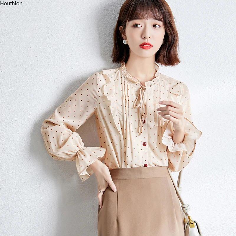 

Houthion Women Blouse Casual Shirt Dots Lotus Leaf Collar Chiffon Top Korean Fashion Blouses Comfortable New Long Sleeve