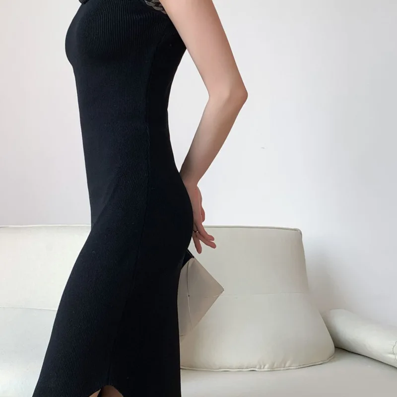 

DEAT 2021 New Spring And Summer Fashion Casual U-neck Chain Sleeveless Irregular Long Knitted Dress Women SH498