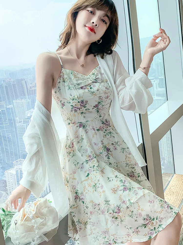 

Chiffon Slim Women's Dress New Casual Fashion Dresses Floral Print V-neck Spaghetti Strap Mid-length Summer Houthion A-LINE