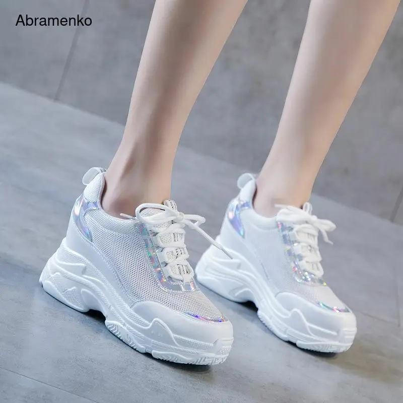 

White Chunky Shoes Women Breathable Sneakers Platform Leather Mesh Sports Shoes Girls Summer Shinny Sneaker Womens Raised Shoes