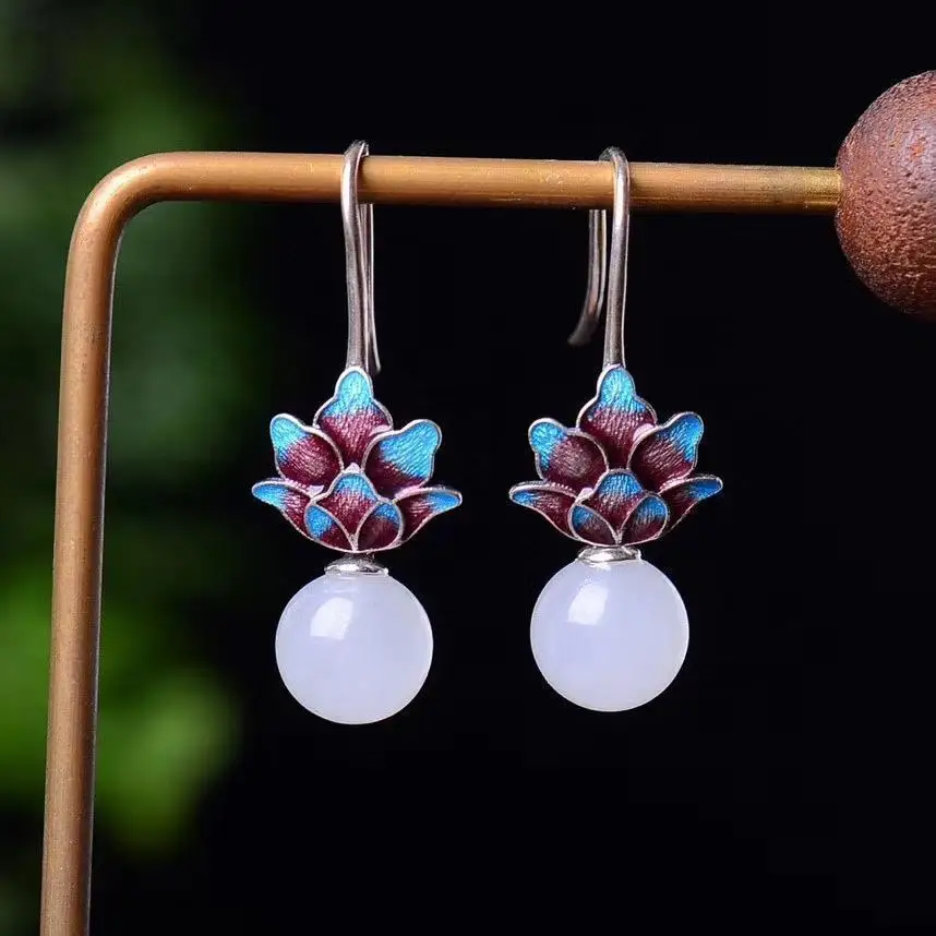 

S925 Sterling Silver Earrings Women's Chinese Style Super Fairy Court Style Hetian White Jade Earrings Vintage Burnt Blue Craft