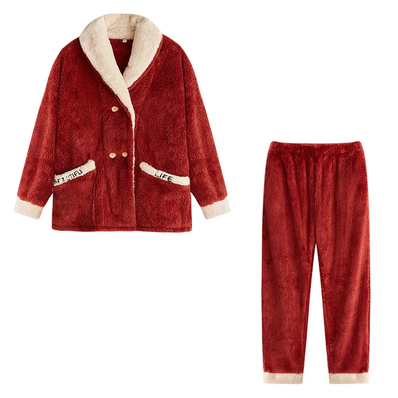 Winter Pajamas Set Women Sleepwear Warm Pajamas Pink Homewear Thick Button Up Turn Down Collar Pajama Set Schlafanzug