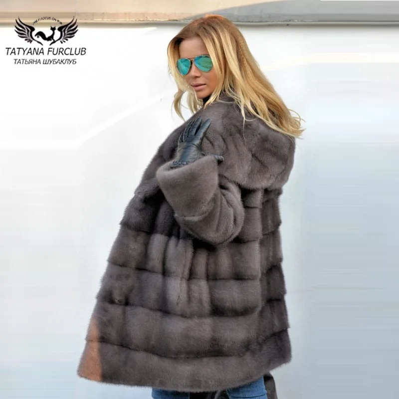 Tatyana furclub шуба Роскошная настоящая норковая шуба женская Толстая теплая куртка с большим меховым капюшоном женская зимняя норковая шуба