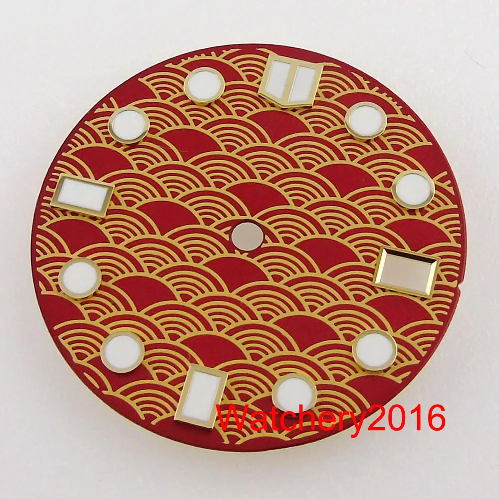 

New 28.5mm Gold Edge Watch Dial Fit Crown 3/3.8 o'clock Luminous Orange Enamel Wave Dial Face fit NH35 NH36 Movement