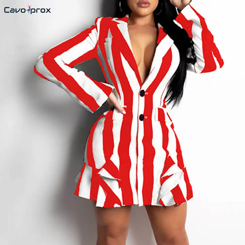 Women Colorblock Striped Ruffles Detail Blazer Dress Single Breasted Long Sleeve Above Knee Mini Turn-down Collar Spring | Женская