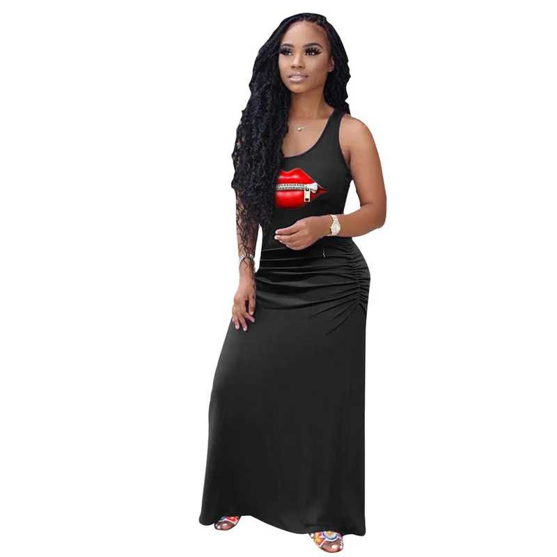 

New Summer 2020 Women's Dress Leisure Sleeveless Tank Lip Printed Fold Posed Dress Zipper Lip Color Long Deign Dress
