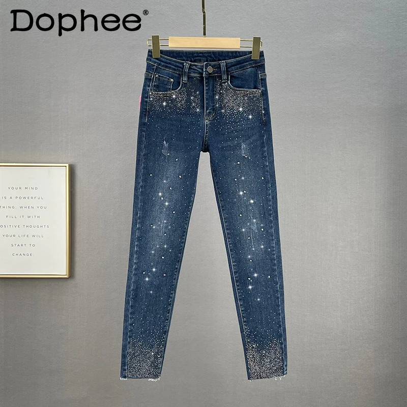 

Rhinestone Jeans Women Fashion 2021 Autumn High Waisted Slim Fit Slimming Tappered Pencil Pants Cropped Denim Pants High Street