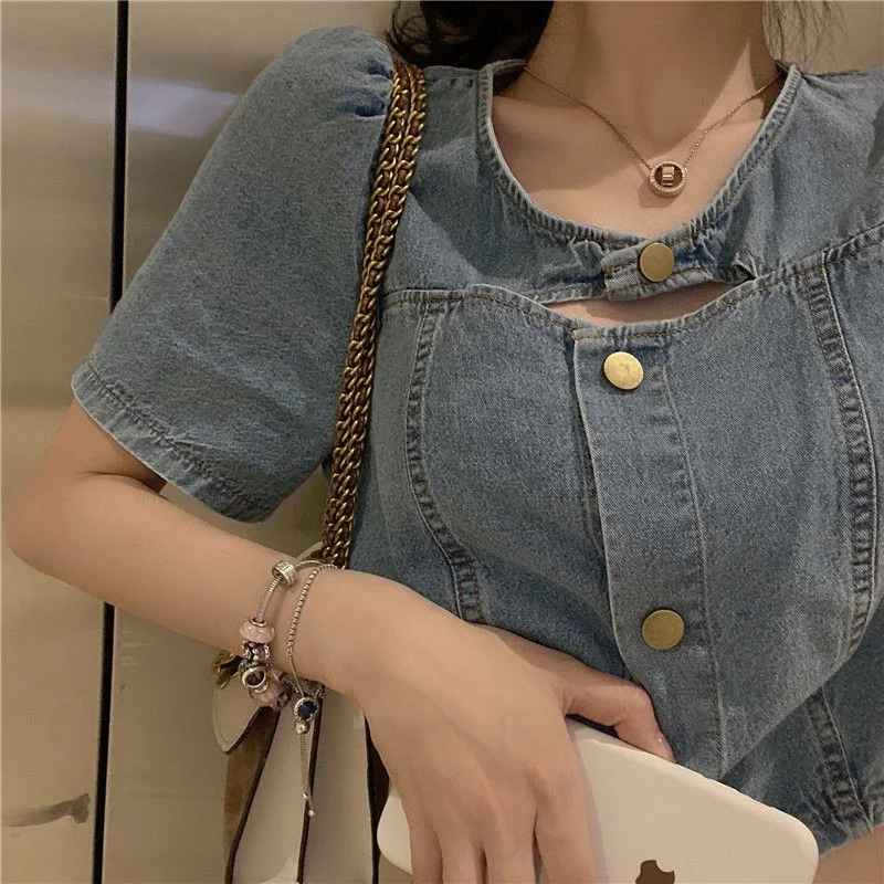 

Women Denim Basic Jackets Vintage French Style Hollow Out Designed Stylish Sweet Temperament Crop Tops Hot Puff Sleeve Slim Chic