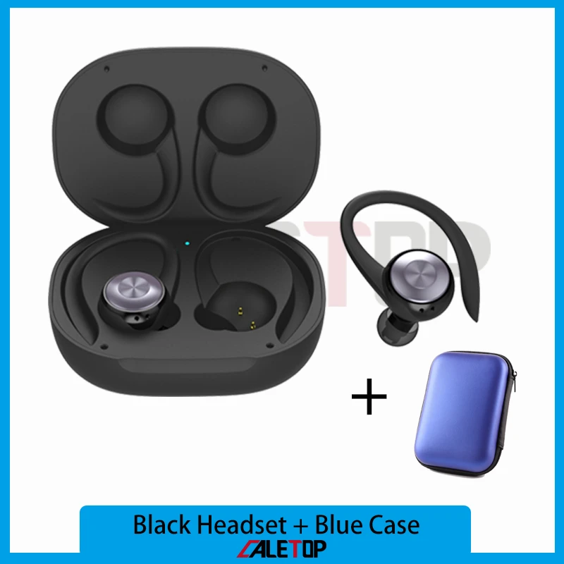 Black and Blue Case CALETOP TWS Bluetooth 5.0 Earphone Sports Wireless Earphones Ear Hook Noise Reduction Headphones Stereo Sound Headset with MIC - Цвет: Black and Blue Case