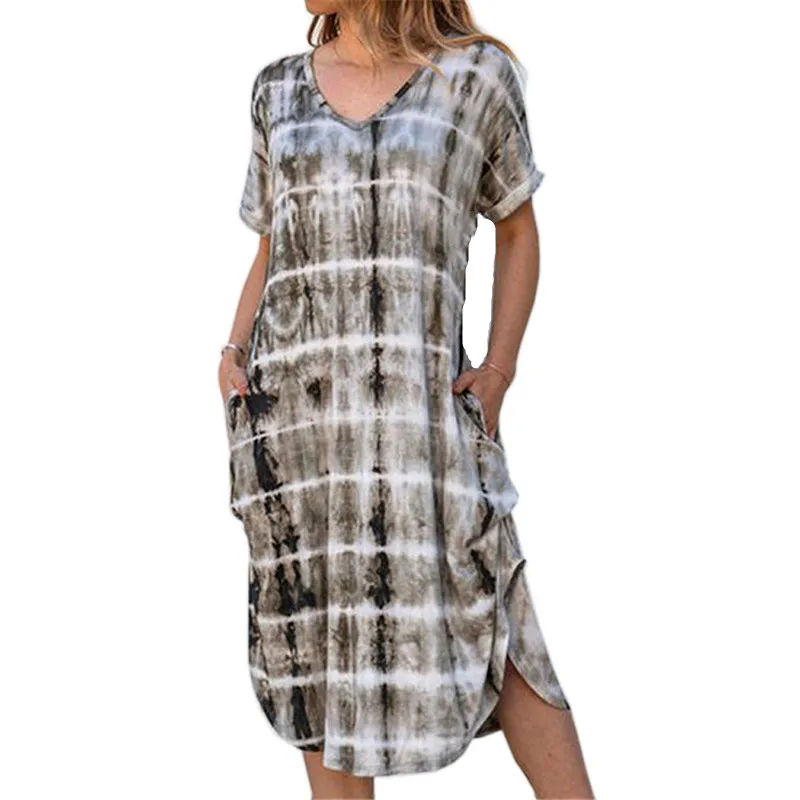 

LOSSKY Summer V Neck Boho Women's Dress 2020 Casual Short Sleeve Loose Print Dresses Fashion Bohemia Beach Pocket Ladies Dress