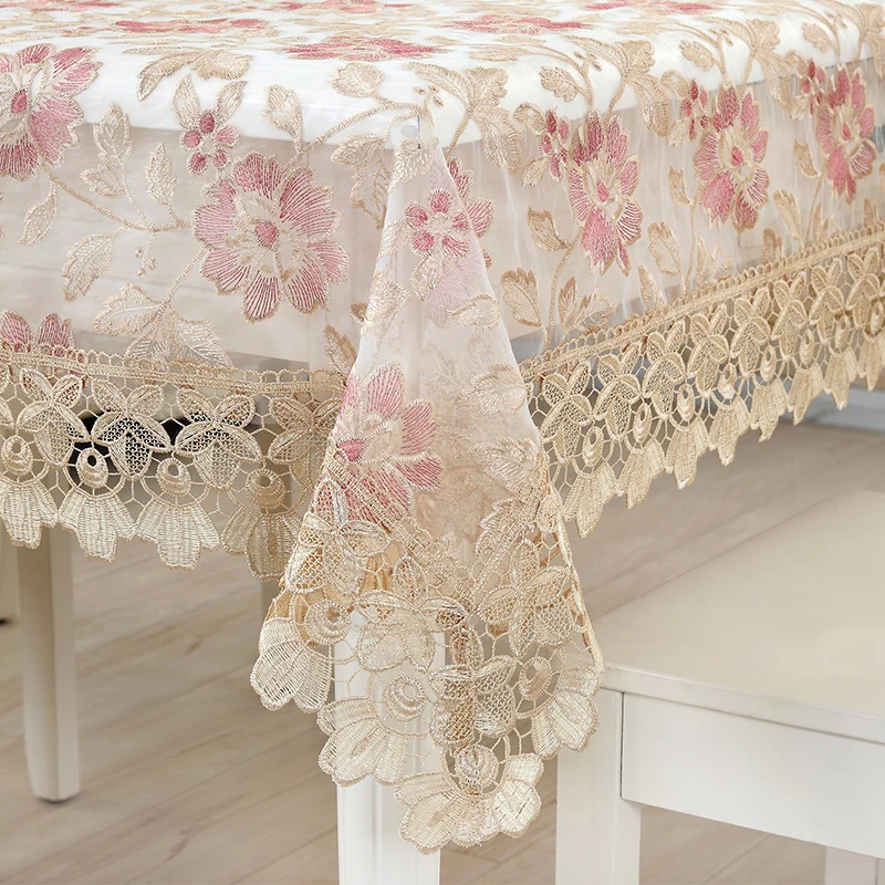 

Pastoral Lace Tablecloth Transparent Table Cloth Rectangular Golden and White Floral Embroidered Table Cloth Wedding Decoration