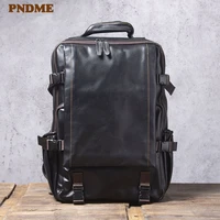 pndme casual soft genuine leather mens black backpack fashion natural real cowhide laptop bookbag outdoor travel big bagpack