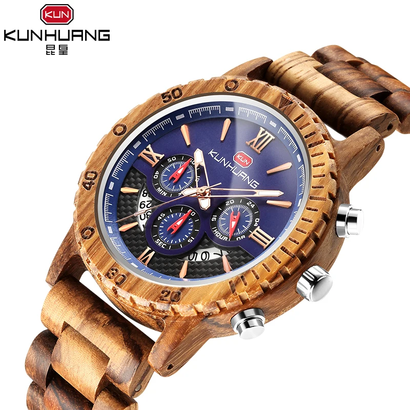 

KUNHUANG New Fashion Wood Men Sports Watch Craft Blue 3 Sub Dial Chronograph Date Wooden Strap Quartz Watches Relogio Masuclinio