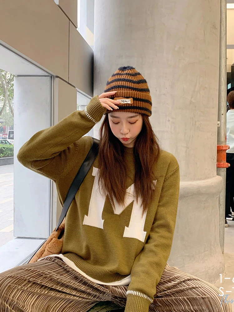 

2020 Winter Autumn Women Korean Pullovers Preppy Style Big Letters Fashion O-Neck Hand Knitted Warm Long Sleeve Knitted Sweater