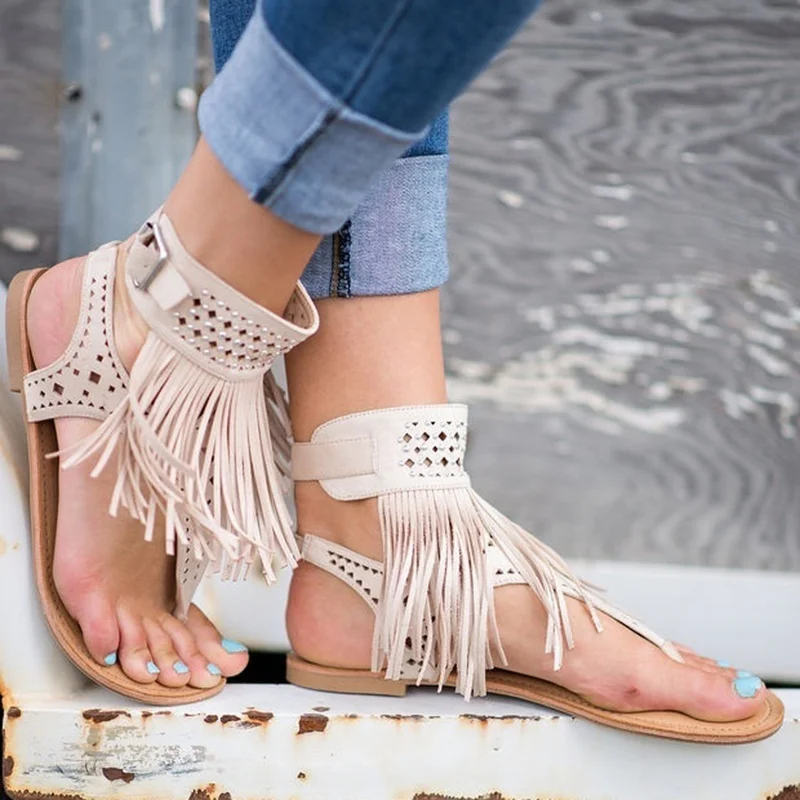 

2020 Woman Shoes Summer Bohemia Flat Sandals Tassel Beach Woman Flip Flop Vintage Beach Women Shoes Low Heel Lady Shoes Footwear
