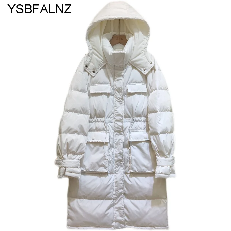 

Long Parka Hooded Women Winter Duck Down Coat Thick Puffer Jacket Adjustable Waist Slim Overcoat Female Black Warm Woman Outwear