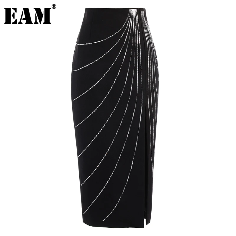 

[EAM] High Waist Black Rhinestone Irregular Long Slit Elegant Half-body Skirt Women Fashion Tide New Spring Autumn 2022 1DE2501