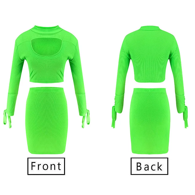 

Sexy Hollow Out 2 Two Piece Set Women Two Pieces Outfits Long Sleeve Crop Top Skirt Suit Bodycon Matching Sets Autumn Clothes