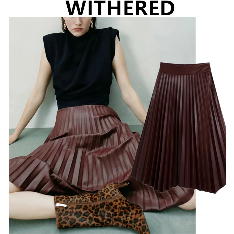 

Withered WInter Skirt Women England Style Fashion Vintage PU Pleated A-line Party Long Faldas Mujer Moda 2020 Midi Skirts Womens