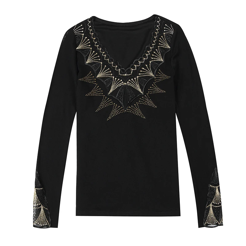 

Plus Size 2019 New Women Shirts Slim Embroidery Mesh Low Hot Drilling Blouse Shirt Red Gold 9937