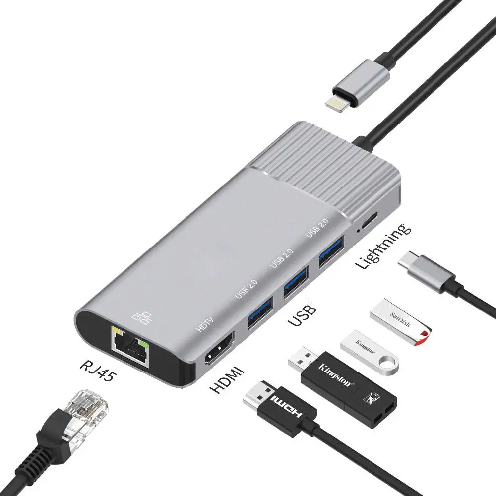 Док-станция 6-в-1 с 3 портами Lightning на сетевую карту RJ45/HDMI USB2.0hub/многофункциональная