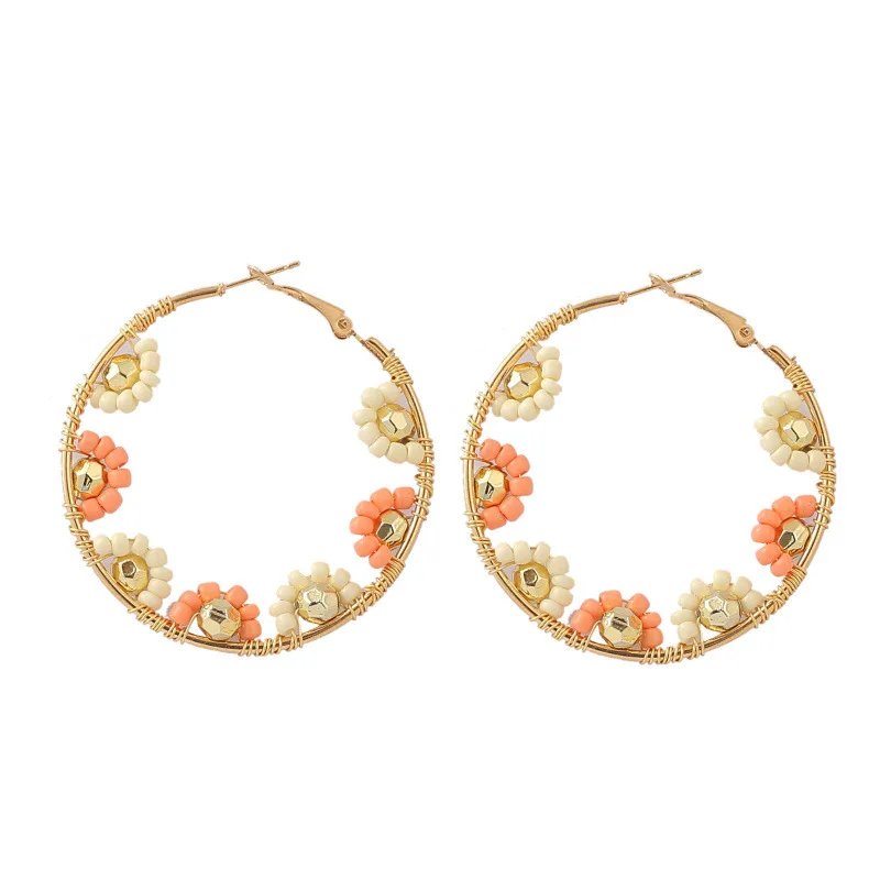 

Hobbyworker Handmade Creative Personalized Bohemian Geometric Round Hoop Rice Bead Earrings for Women