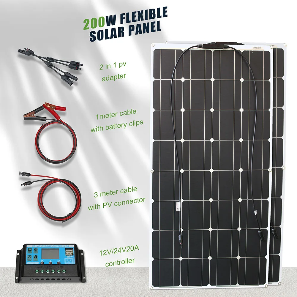 Набор солнечных панелей Полная решетки прочный 100 Вт 2 шт 200 ватт Гибкая панель