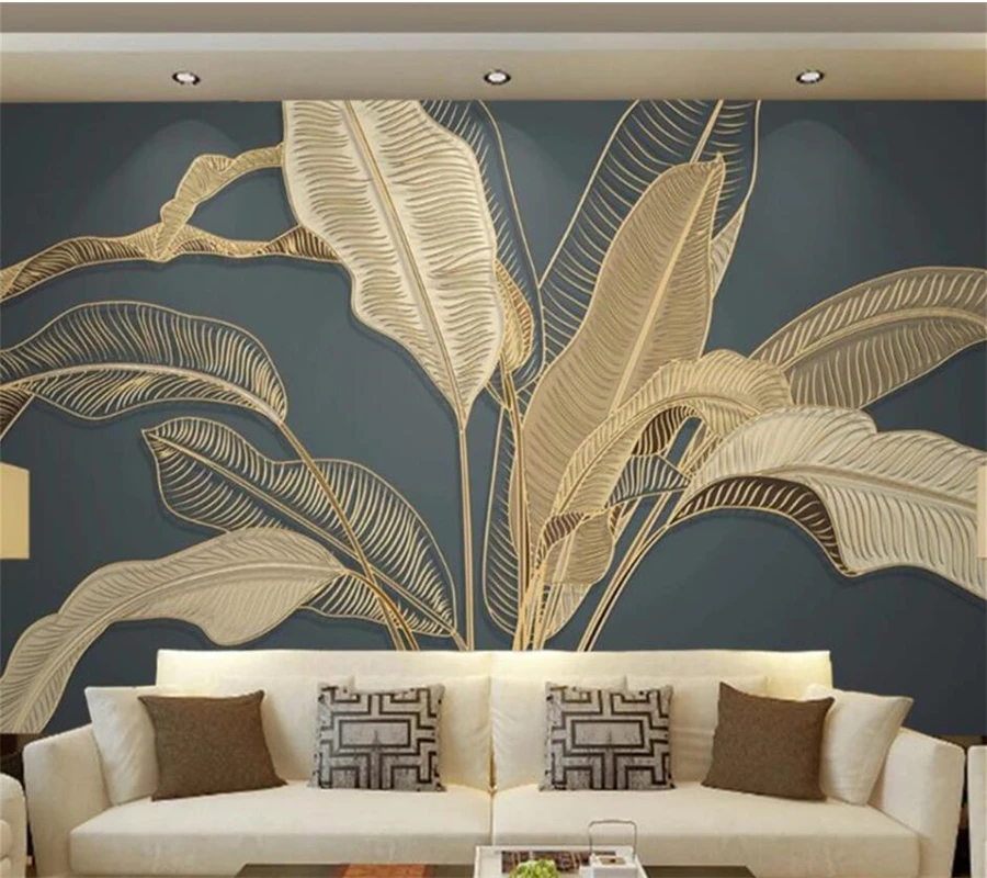 

Custom wallpapers 3d atmospheric banana leaf light luxury golden line relief mural living room bedroom TV background wall обои