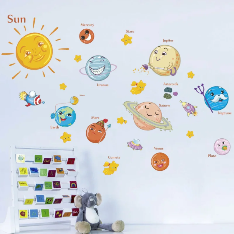 New Solar System Cartoon Wall Stickers For Kids Rooms Stars Outer Space Planets Earth Sun Saturn Mars Poster Mural School Decor | Дом и сад