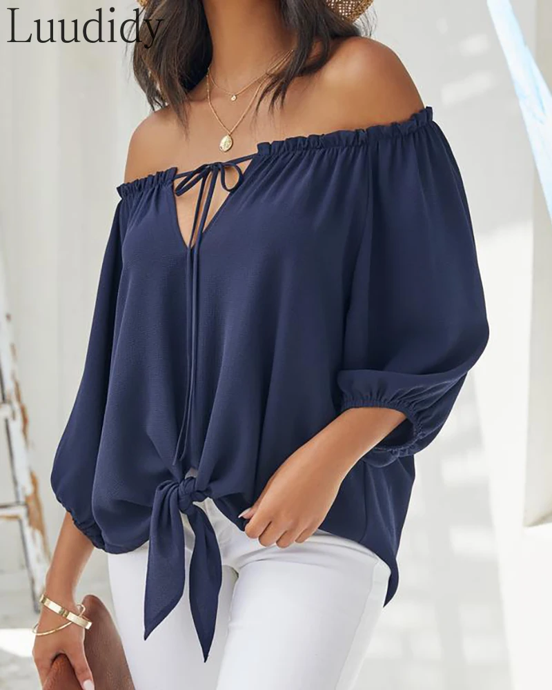 

Women Bow Tied Blouse 2021 Femme Lace Up Off Shoulder Solid Top Office Ladies Outfits