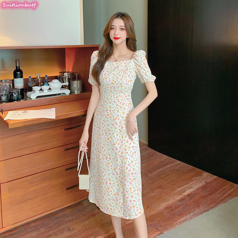 

XL Summer Floral Dress Chiffon Short Sleeve Robe Square Collar French Long Dress 2021 Thin Waist Women Clothing Suitlionbutf