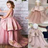Real Image Pink Long Girls Ball Gown Custom Made Pageant Birthday Party Kids Gold Lace Tulle Flower Girls Dresses for Wedding