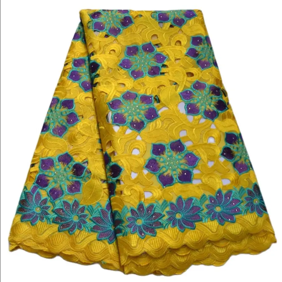 Amarelo de Alta Frete Grátis Novo Design Qualidade Laço Casamento Tecido Africano 5 Metros 100% Algodão Suíço Voile Lace-n88201 2021