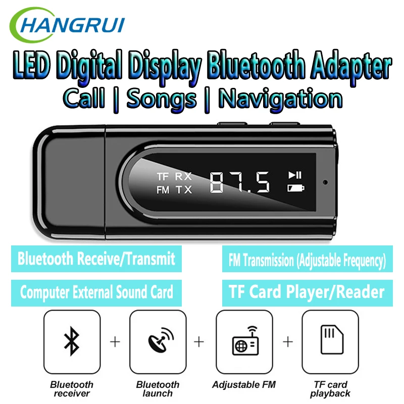 

New LED Digital Display USB Bluetooth Adapter Receptor Bluetooth 5.0 Audio Adapter For Car PC TV Wireless Adapter LCD AUX FM TF
