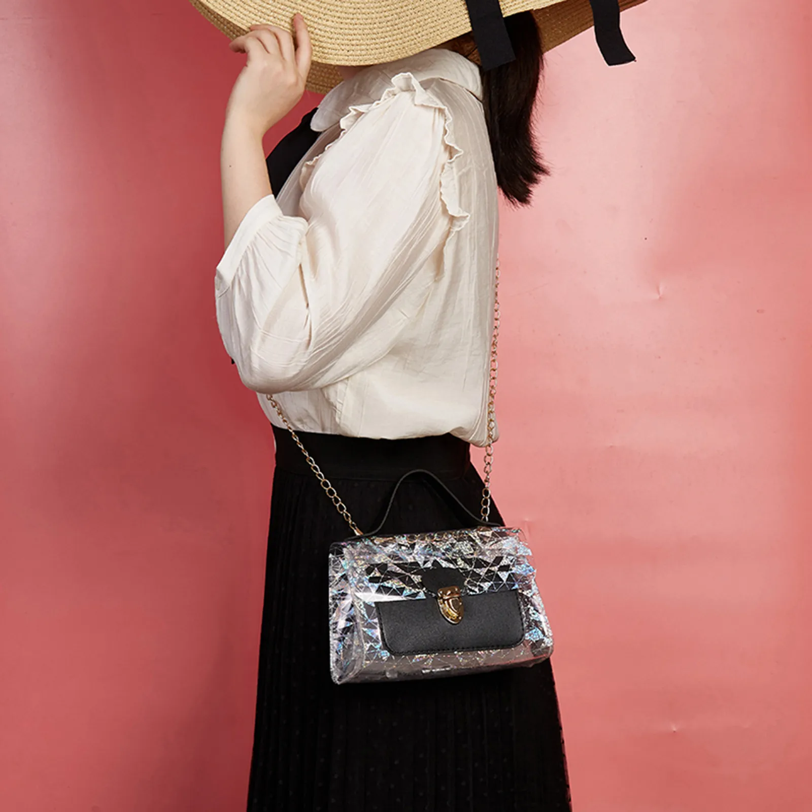 

MAIOUMY Women's Handbag Fashion Chain Shoulder Bag Solid Color Handbag Tote Holder Transparent Purse Shopping Hasp Bags