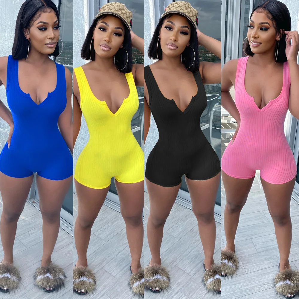 

Women Knitted V-neck Sleeveless Tank Short Bodysuit Jumpsuit Sexy Party Club One Piece Overall Romper Playsuit Plus Size S-2XL