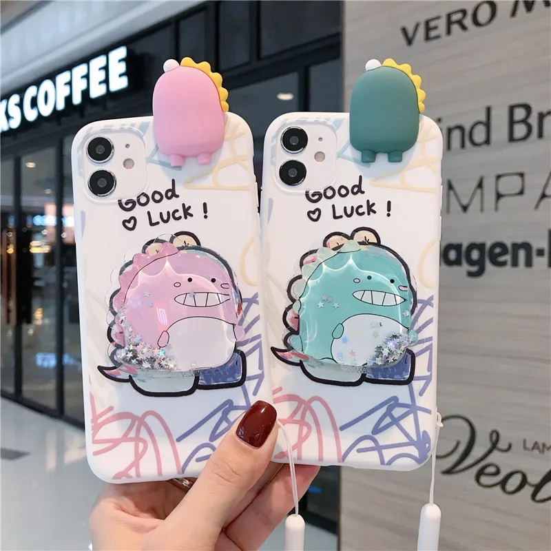 

Dynamic quicksand Bracket Silicone Cover For Samsung S8 S9 S10 S21 S20 FE Plus Note 10 20 Ultra Cute Cartoon Dinosaur Case