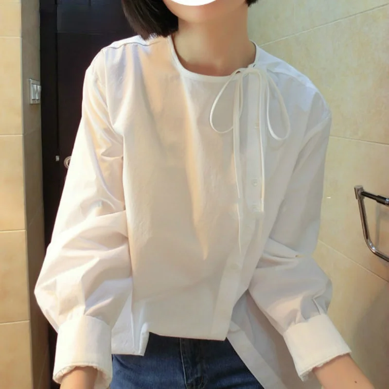 

New Women Blouse Side Single Breasted Bow Tie O-neck Doll Shirt 2021 Spring Casual Long Sleeve Solid Blusas Femme