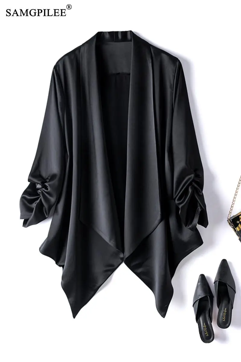 

Summer Clothes For Women 2021 Elegant Acetate Satin No Button Cape Cardigan All-match Spring Fashion Coats And Jackets Women 4XL