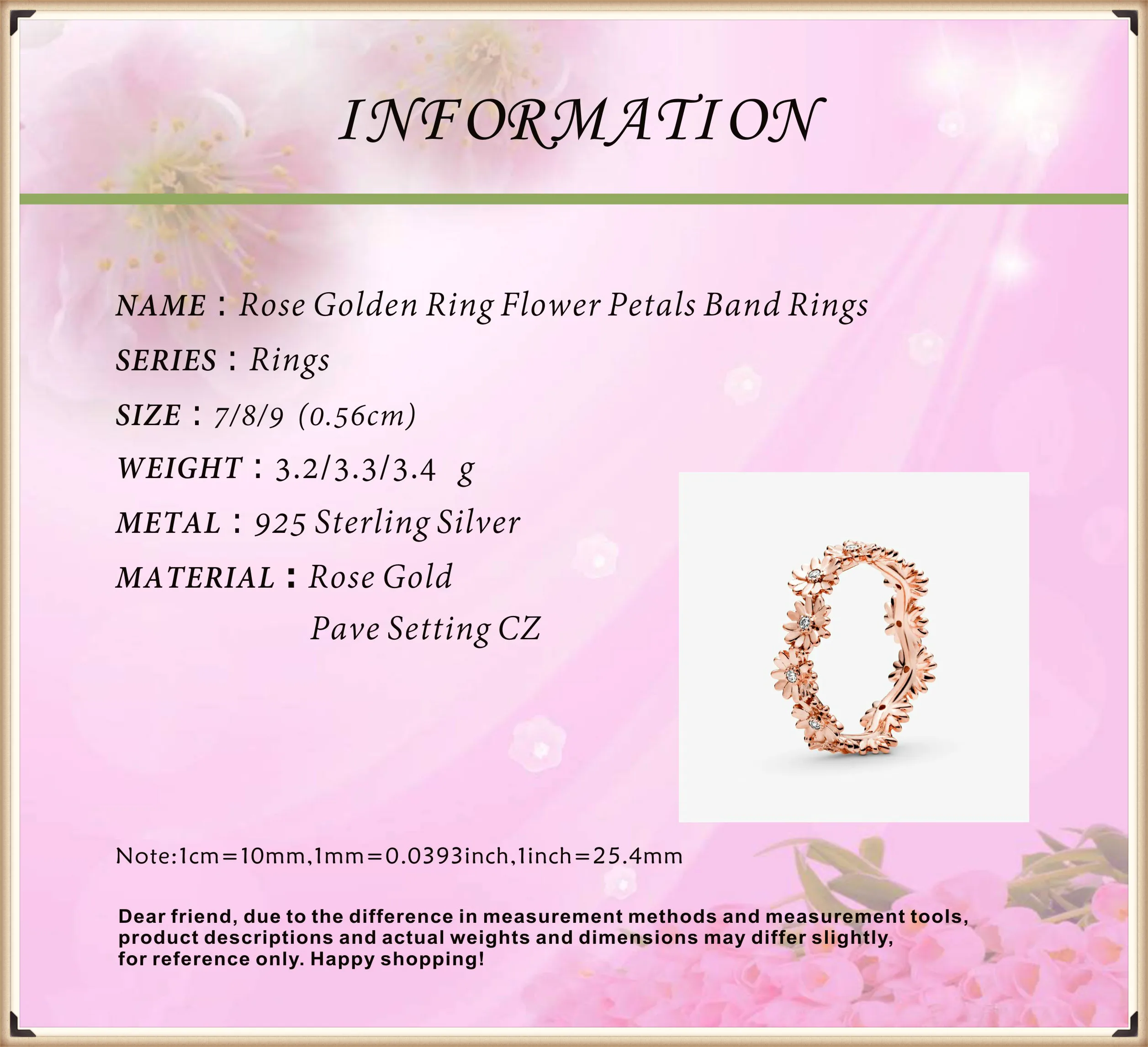 2020 Весна 925 Прю серебряные кольца ПАВЕ блестящие Дейзи цветок роза золотое Цвет