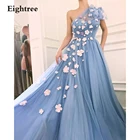 Длинное милое платье небесно-голубого цвета с цветочным оформлением, официальное платье до пола на одно плечо, вечернее платье без рукавов для выпусквечерние вечера