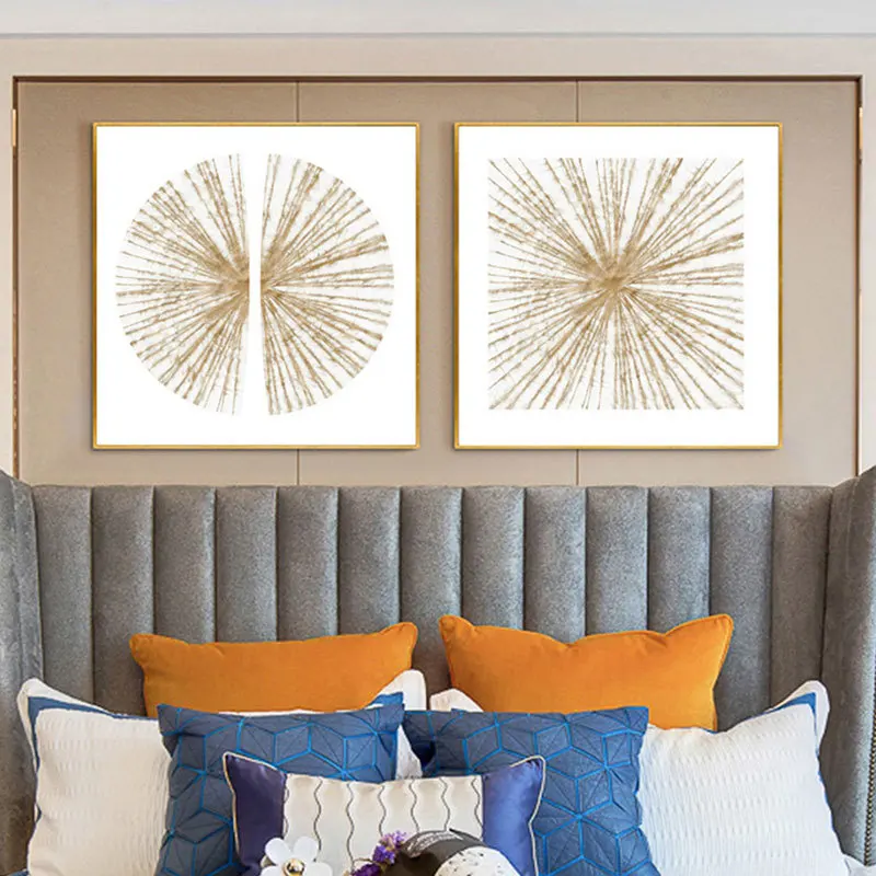 

Modern Minimalist Sofa Background Wall Canvas Abstract Square Light Luxury Gold Line Hanging Art Decorative Painting
