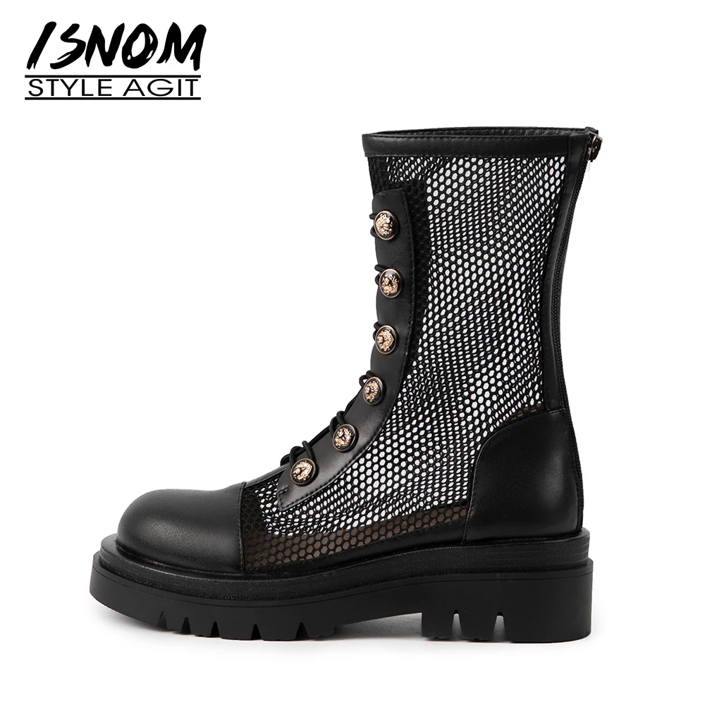 

ISNOM 2021 New Women Boots Sandals Genuine Leather Med Heels Sandals Round Toe Zip Up Shoes Female Casual Summer Boots Shoes